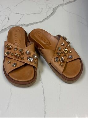 FP Vicenza Rock Candy Embellished Sandals Tan Jeweled Crisscross Slide New EU 40